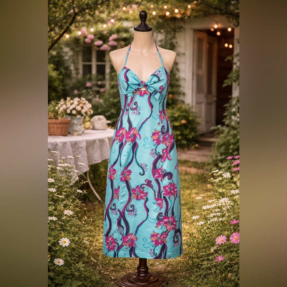 Donna By Hallhuber Tropical, Cotton, Tie, Floral Halter Dress in Blue and Pink